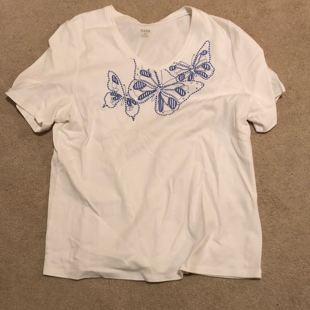 Alia White Tee with Blue Butterfly Design